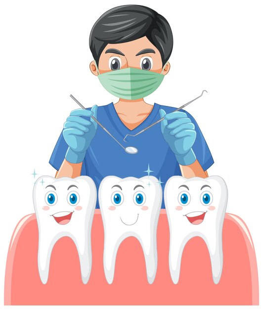 Dentista sosteniendo instrumentos y examinando dientes en centrico blanco
