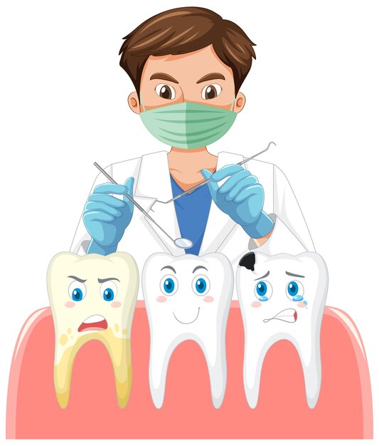 Dentista sosteniendo instrumentos y examinando dientes en centrico blanco