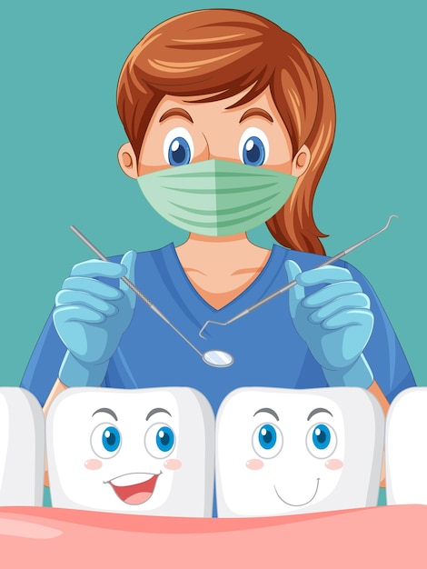 Dentista sosteniendo instrumentos y examinando dientes en centrico verde