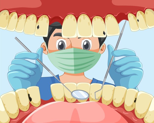 Dentista sosteniendo instrumentos examinando los dientes del paciente dentro del ser humano