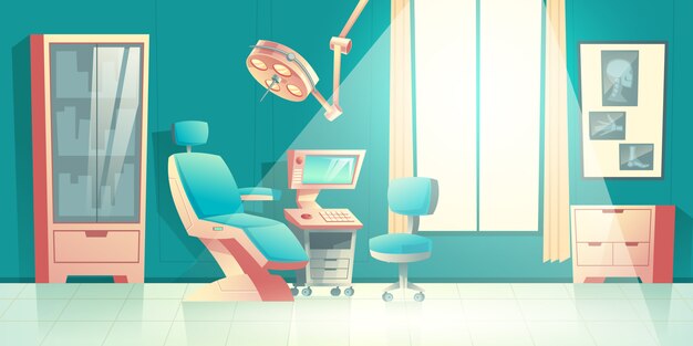 Dentistas oficina de dibujos animados vector vacío interior con silla cómoda