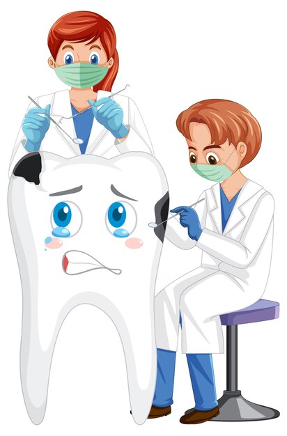 Dentistas sosteniendo instrumentos y examinando la caries dental en blanco