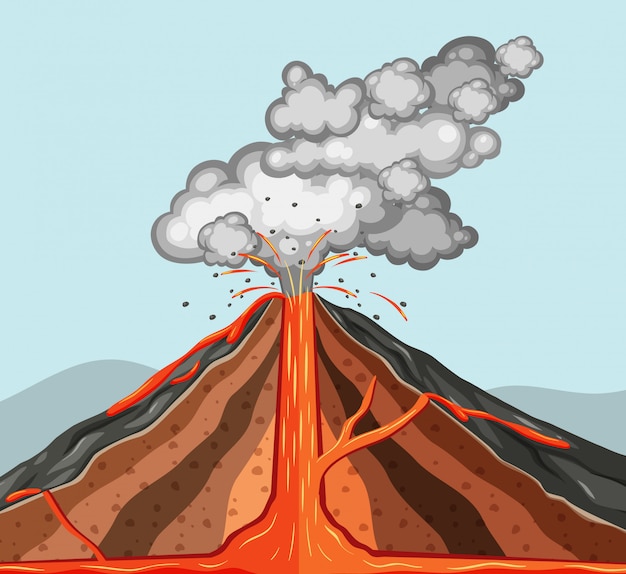 Vector gratuito dentro del volcán con erupción de lava y humo saliendo