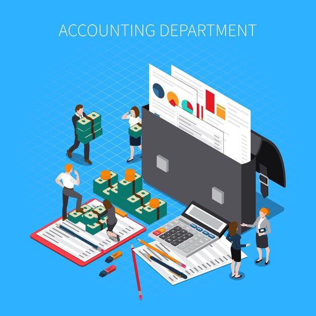Departamento de contabilidad composición isométrica con carpetas de documentos financieros informes informes calculadora de impuestos efectivo billetes personal