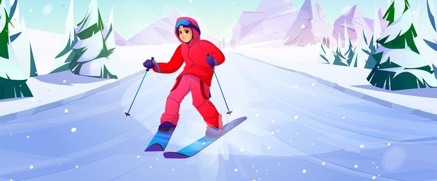 Deporte de esquí de invierno actividad extrema al aire libre Mujer joven en traje rojo cálido y gafas montando esquís cuesta abajo el tobogán de hielo Deportista relajante y divertido en el resort Ilustración vectorial de dibujos animados