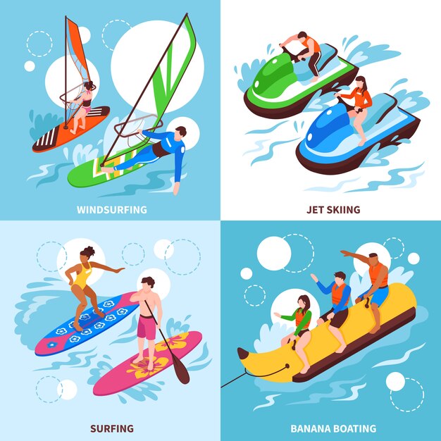 Deportes acuáticos 2x2 conjunto de windsurf, jet ski, banana, canotaje y surf, iconos cuadrados isométricos
