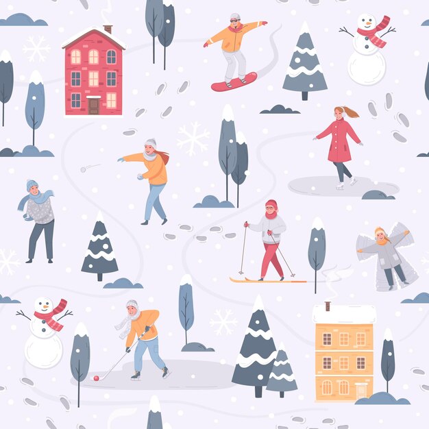 Deportes de invierno en el patrón de la ciudad.