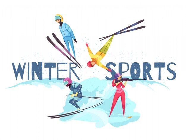 Deportes de invierno con saltos de esquí alpino y símbolos de biatlón plano aislado