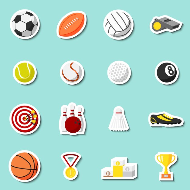Deportes pegatinas conjunto de baloncesto de fútbol de baloncesto y pelotas de tenis aislado ilustración vectorial