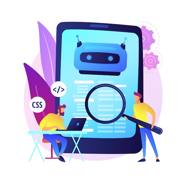 Desarrollador Java. Software para smartphone. Codificación Javascript, aplicación de escritura, programación css. Manipulación de código fuente HTML. Programa móvil. Ilustración de metáfora de concepto aislado.