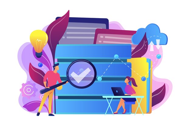 Desarrolladores con lupa que estudian la ilustración de análisis de datos.