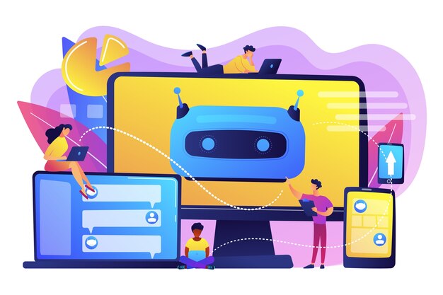 Desarrolladores que crean, prueban e implementan chatbots en plataformas. Plataforma de chatbot, desarrollo de asistente virtual, concepto de chatbot multiplataforma. Ilustración aislada violeta vibrante brillante