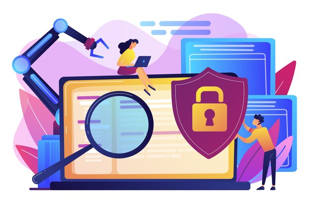 Desarrolladores, robots trabajan en una computadora portátil con lupa. Ciberseguridad industrial, malware de robótica industrial, salvaguardia del concepto de robótica industrial. Ilustración aislada violeta vibrante brillante