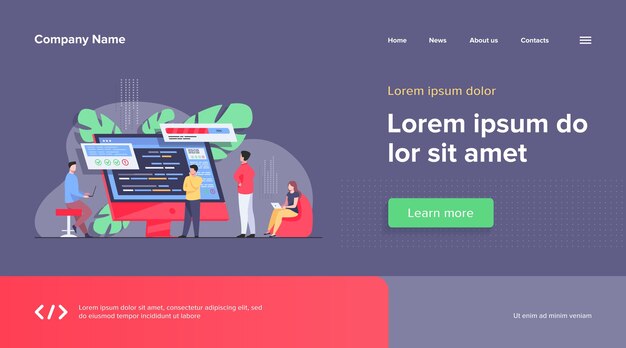 Desarrolladores de software que codifican en computadora con script. Codificación, ingeniería, diseño de interfaces. Concepto de programación para el diseño de sitios web o páginas web de destino.