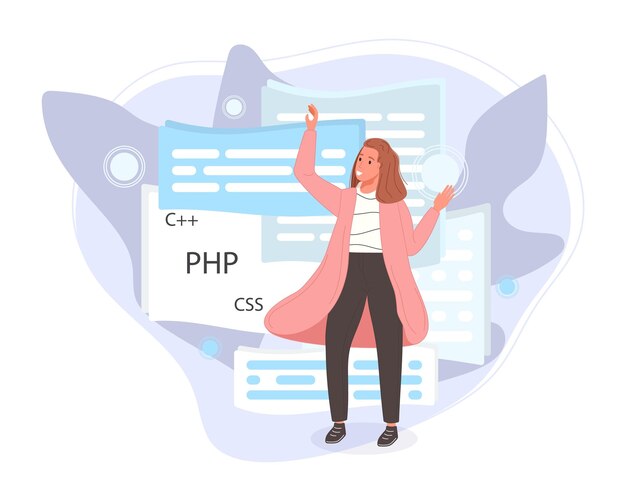 Desarrolladores de software que trabajan en la codificación de scripts Ingeniero de lenguajes de programación de caracteres Vector