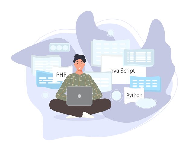Desarrolladores de software trabajando en codificación de scripts. Ingeniero de programación de caracteres en php, python, javascript, otros lenguajes