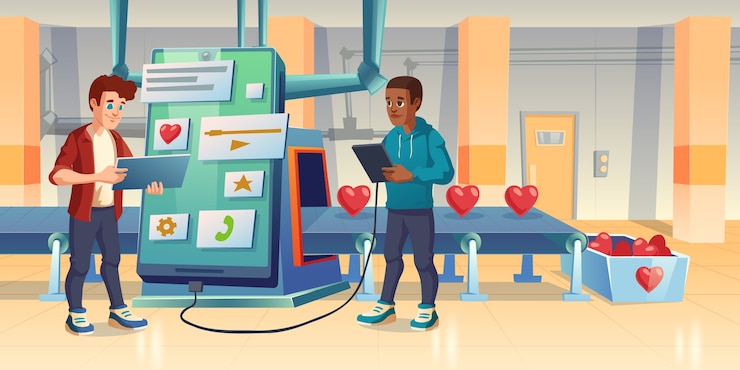 Vector gratuito desarrollo de aplicaciones móviles, amor o proceso de fabricación similar, desarrolladores, teléfonos inteligentes y cintas transportadoras. las personas crean aplicaciones o software sin fines de lucro para donaciones o citas ilustración de dibujos animados