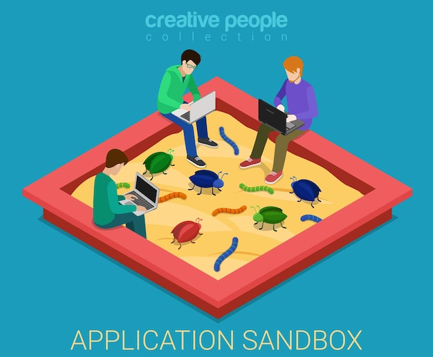 Vector gratuito desarrollo de aplicaciones sandbox depuración isométrica plana