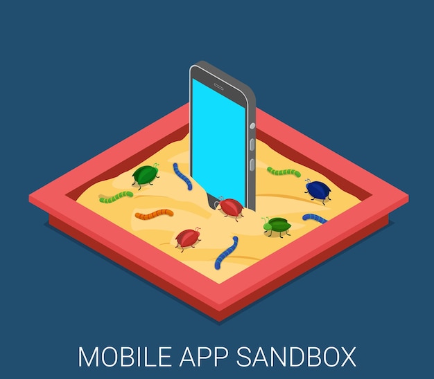 Vector gratuito desarrollo de aplicaciones de software malicioso móvil sandbox depuración isométrica plana