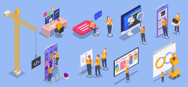 Desarrollo de codificación de programación aislada conjunto de iconos aislados isométricos diferentes situaciones y equipos de desarrolladores ilustración vectorial