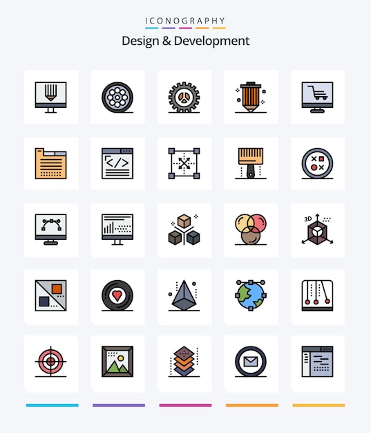 Desarrollo de diseño creativo Paquete de iconos llenos de 25 líneas, como diseño de lápiz, codificación web, diseño web