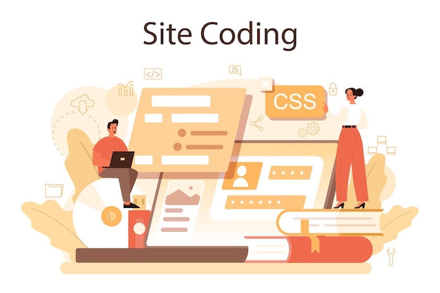 Desarrollo de sitios web proceso de creación y desarrollo programación y codificación de páginas web especialista digital ilustración plana aislada
