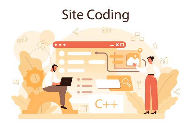 Desarrollo de sitios web Proceso de creación y desarrollo Programación y codificación de páginas web Especialista digital Ilustración plana aislada