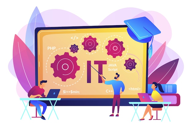 Desarrollo de software. Programación, aprendizaje de codificación. Cursos de tecnología de la información, cursos de informática para todos los niveles, concepto de curso de informática y alta tecnología.