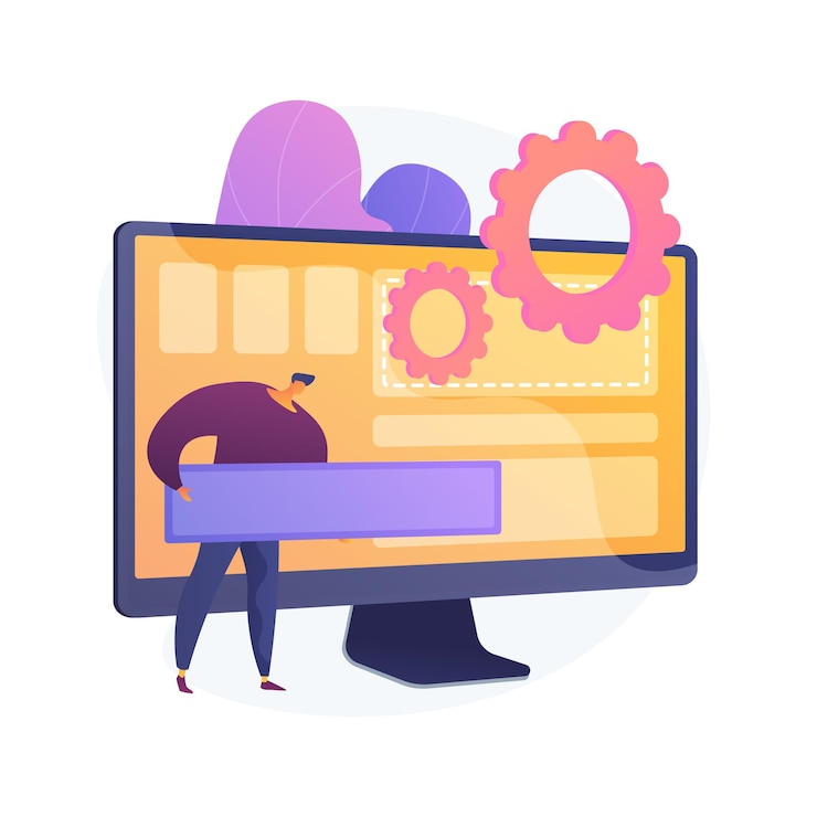 Vector gratuito desarrollo de software, programación, interfaz de aplicaciones. modernización de aplicaciones informáticas, optimización de pc, configuración de programas. personaje de dibujos animados programador. ilustración de metáfora de concepto aislado de vector.