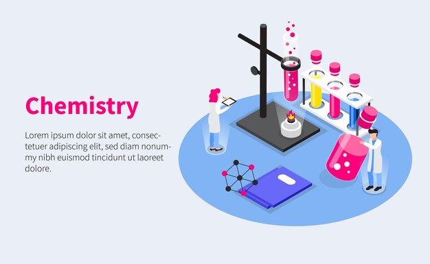 Desarrollo de vacunas composición horizontal isométrica con tubos de ensayo caracteres humanos y quemador de laboratorio con texto editable