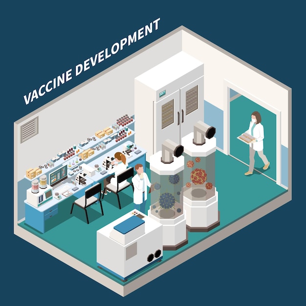 Desarrollo de vacunas isométrico con científicos dedicados a la investigación científica y experimentos en el laboratorio de ilustración de medicina experimental