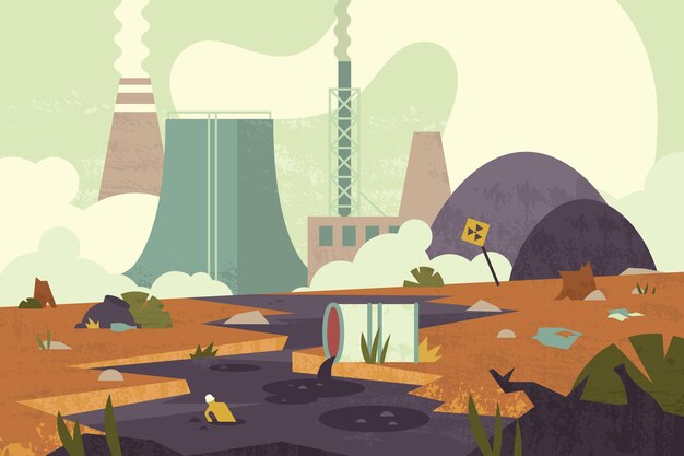 Desastre ambiental plano con desechos químicos radiactivos peligrosos