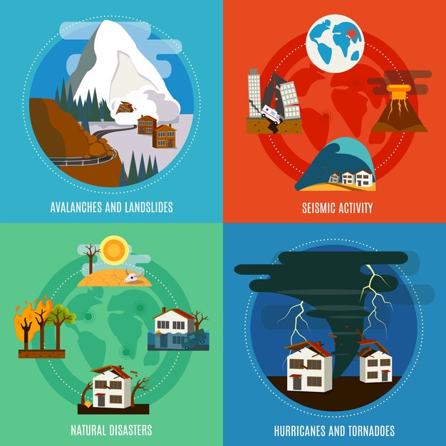 Desastres naturales 4 iconos planos pancarta cuadrada con actividad sísmica huracanes y tornados