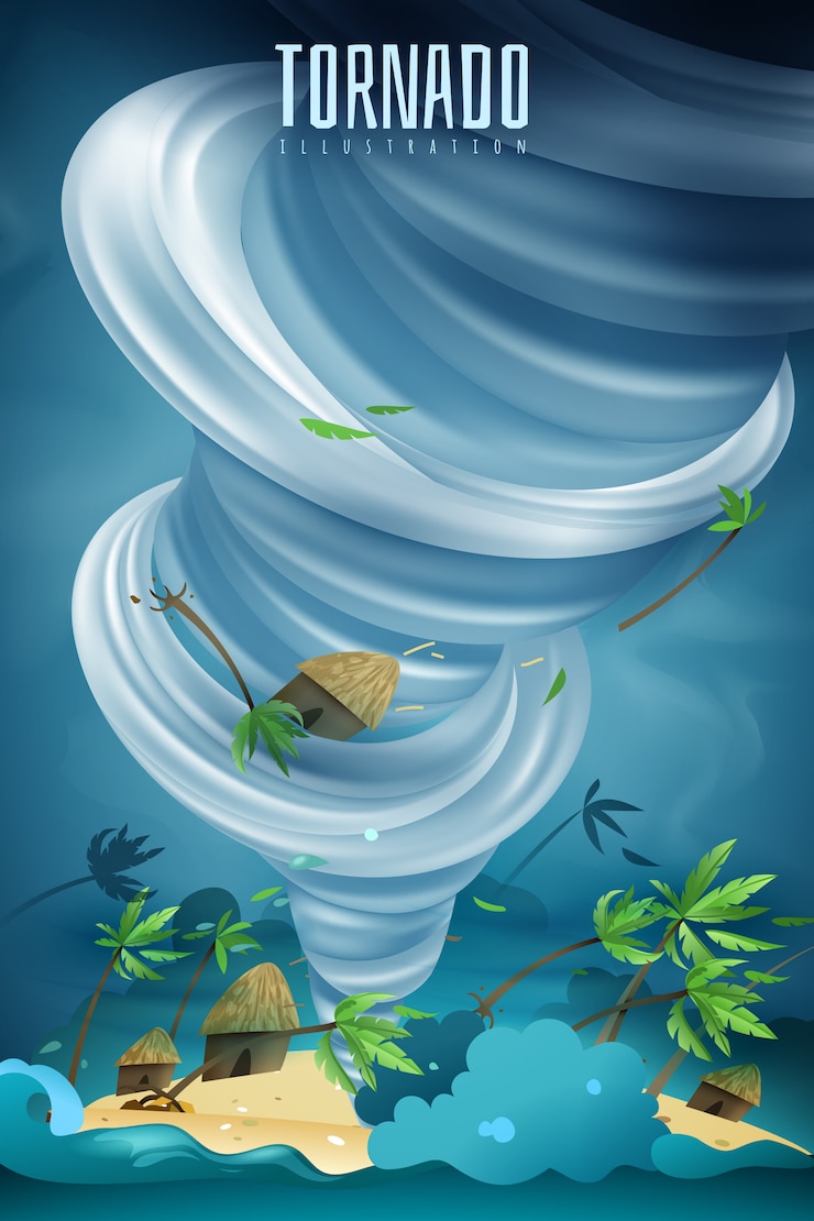 Vector gratuito desastres naturales composición colorida con poderoso tornado giratorio torbellino vórtice levantando bungalows palmas en el aire