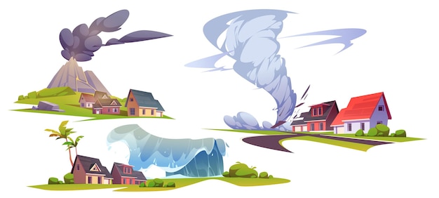 Desastres naturales, erupción volcánica, tsunami y tornado. Conjunto de dibujos animados vectoriales de ilustración de cataclismos naturales con casas, volcán, ola de agua y tormenta de viento