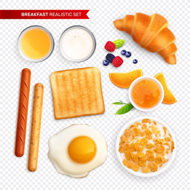 Desayuno conjunto realista sobre fondo transparente con imágenes aisladas de hojuelas de maíz miel huevos tostadas croissant vector ilustración