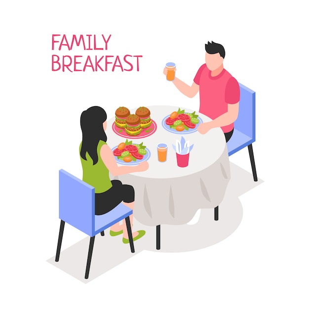 Vector gratuito desayuno familiar diario hombre y mujer durante la comida de la mañana en la mesa en blanco ilustración isométrica