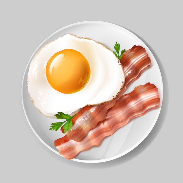 Desayuno inglés realista 3d - tocino sabroso, huevo frito con perejil verde en la placa blanca.