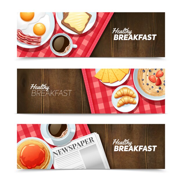 Desayuno saludable 3 pancartas horizontales con café negro y huevos fritos