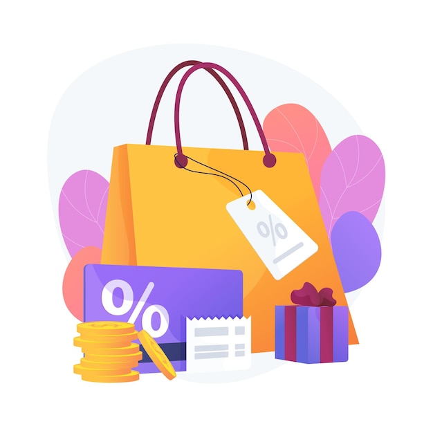 Vector gratuito descuentos de venta de temporada. presenta compra, visita a boutiques, compras de lujo. cupones promocionales de reducción de precio, ofertas especiales de vacaciones. ilustración de metáfora de concepto aislado de vector