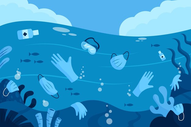 Desechos de coronavirus en el fondo de pantalla del océano ilustrado