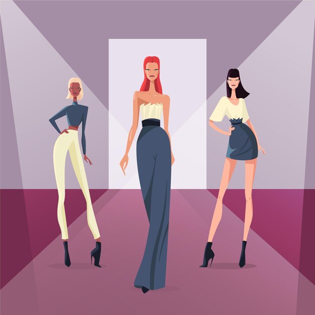 Desfile de moda pasarela dibujado a mano plana