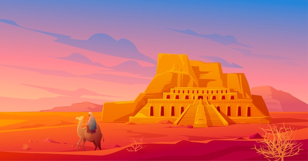 Desierto de Egipto con templo Hatshepsut y camello