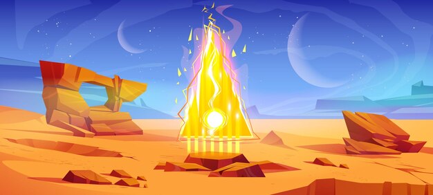 Desierto espacial con portal mágico Ilustración de dibujos animados vectoriales del paisaje del planeta alienígena con piedras triángulo de luz amarilla que brilla en estrellas de plataforma fantástica en el cielo nocturno Fondo de juego de aventura