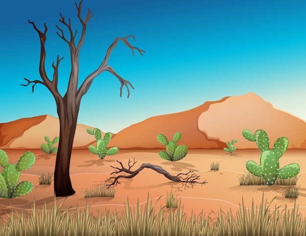 Vector gratuito desierto con montañas de arena y paisaje de cactus en la escena diurna