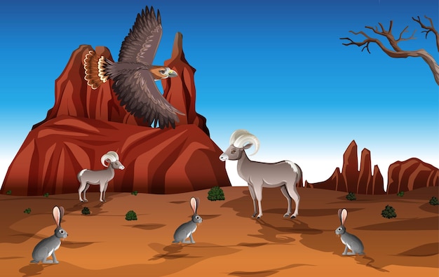 Vector gratuito desierto con montañas rocosas y paisaje de animales del desierto en la escena diurna