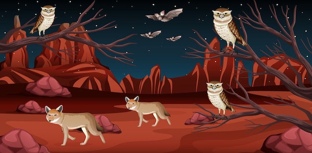 Vector gratuito desierto con montañas rocosas y paisaje de animales del desierto en la escena nocturna