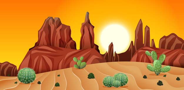 Desierto con montañas rocosas y paisaje de cactus en la escena del atardecer