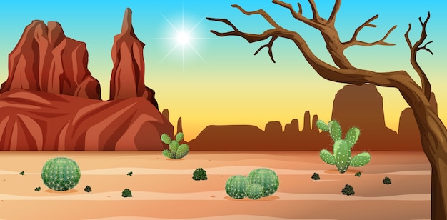 Vector gratuito desierto con montañas rocosas y paisaje de cactus en la escena del día