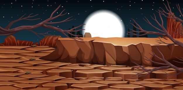 Vector gratuito desierto con paisaje de montañas rocosas en la escena nocturna